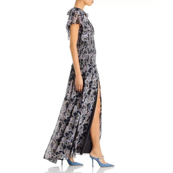 Cinq a Sept Kris Chiffon Dress in Raven Paisley Navy Blue Chiffon Smocked Maxi - Picture 7 of 15